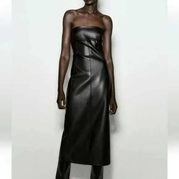 Zara Strapless Faux Leather Midi Dress - Picture 9 of 14